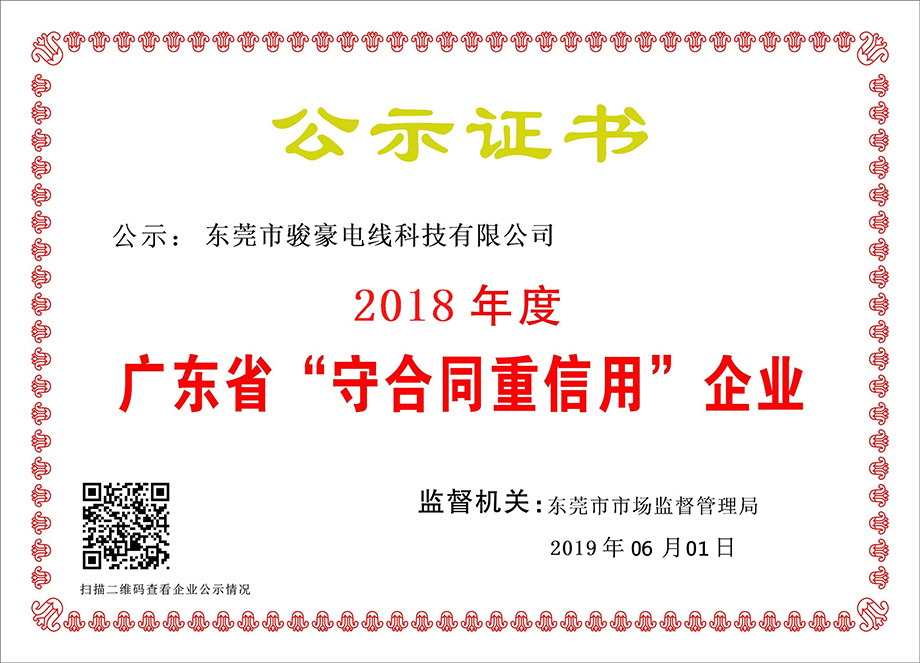 bv韦德电线荣获2018年度广东省“守合同沉信誉”企业证书
